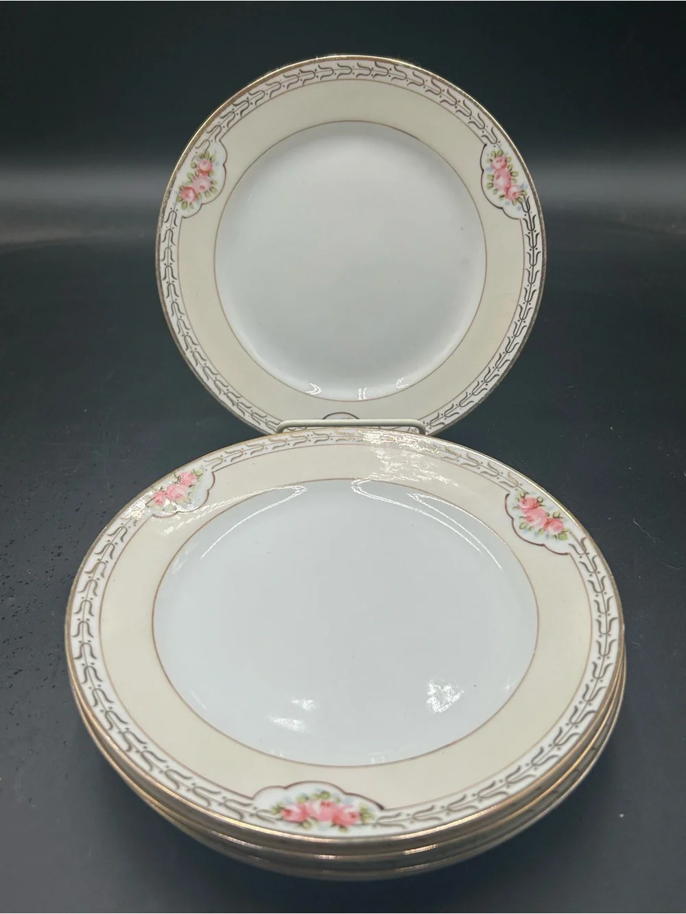 Nippon hand painted Cream and Pink Floral Rim Porcelain Plates - Set of 5